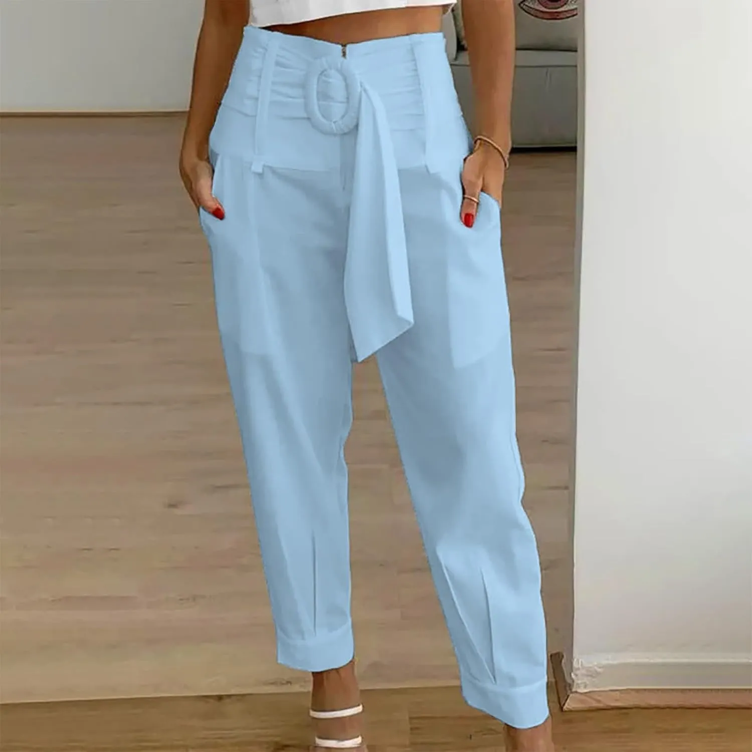 Dressy Pants for Women Casual Lightweight Slacks High Waist Straight Leg Cropped Pants Solid Color Versatile Trousers
