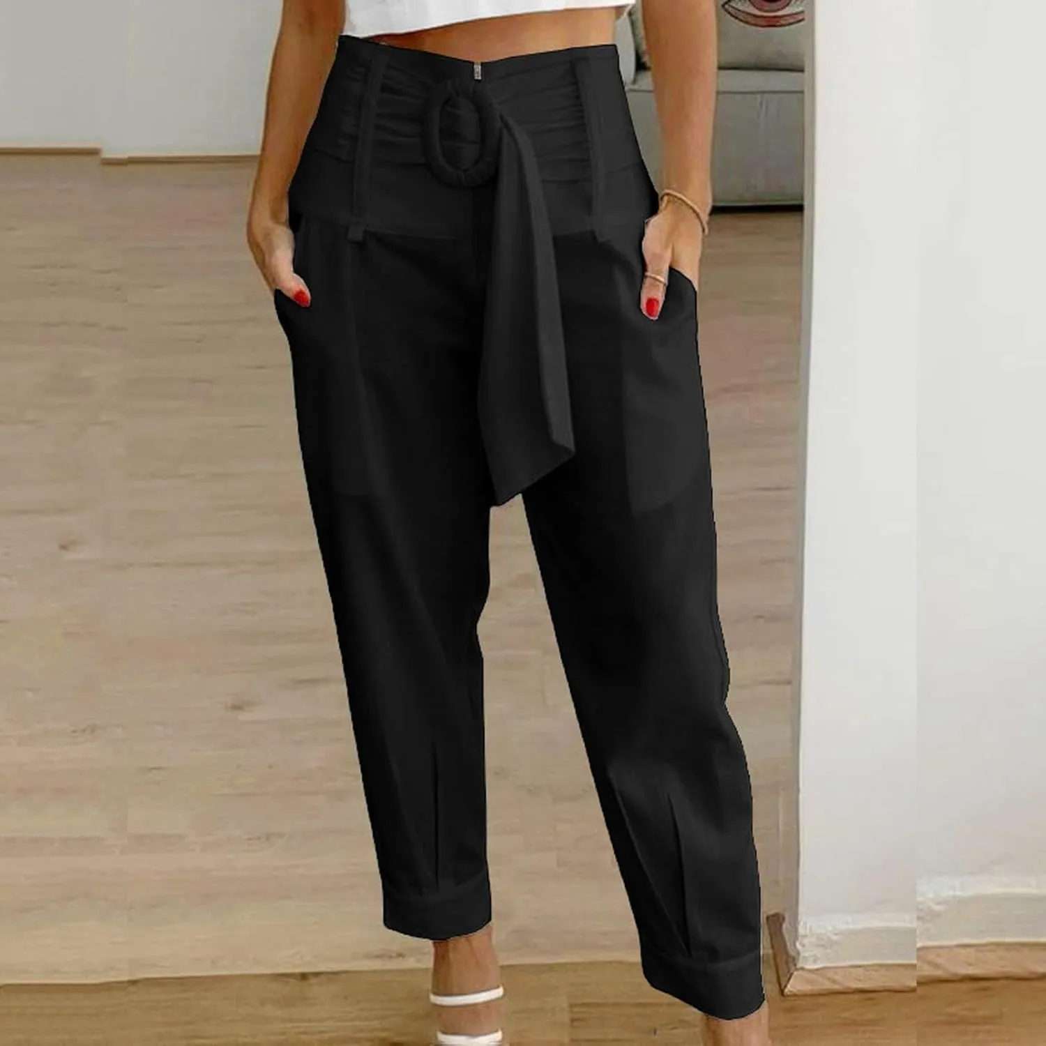 Dressy Pants for Women Casual Lightweight Slacks High Waist Straight Leg Cropped Pants Solid Color Versatile Trousers