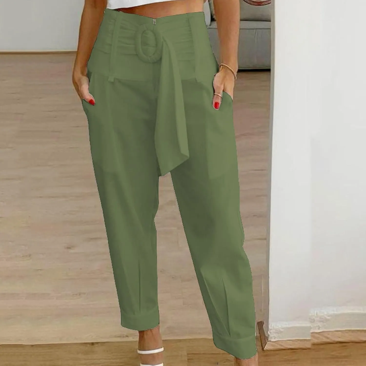 Dressy Pants for Women Casual Lightweight Slacks High Waist Straight Leg Cropped Pants Solid Color Versatile Trousers