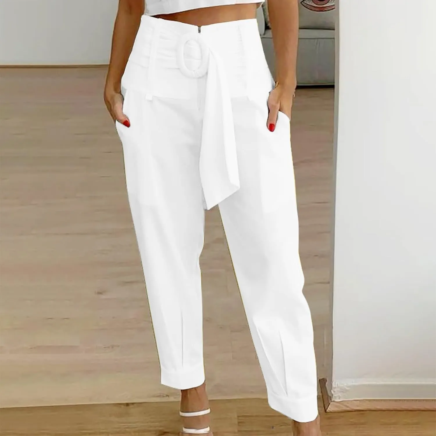 Dressy Pants for Women Casual Lightweight Slacks High Waist Straight Leg Cropped Pants Solid Color Versatile Trousers