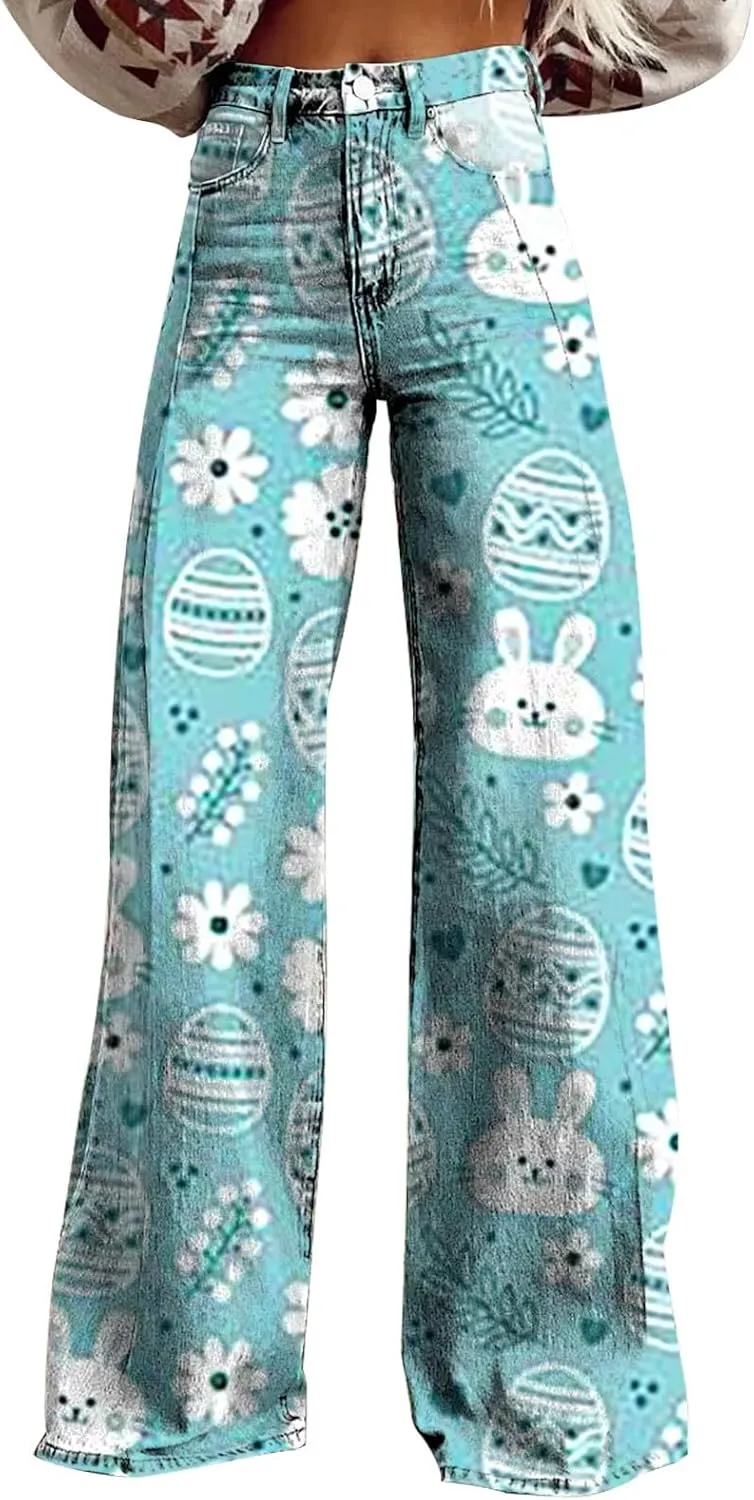 Easter Jeans Women 2025 Mid Rise Barrel Jeans for Women Wide Leg Loose Y2K Baggy Jeans Denim Pants with Pockets