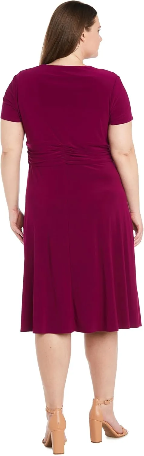 Elegant Cascade Wrap Midi Dress W/Rhinestone Buckle & Short Sleeves