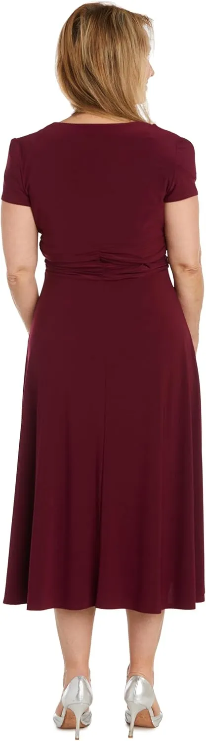 Elegant Cascade Wrap Midi Dress W/Rhinestone Buckle & Short Sleeves