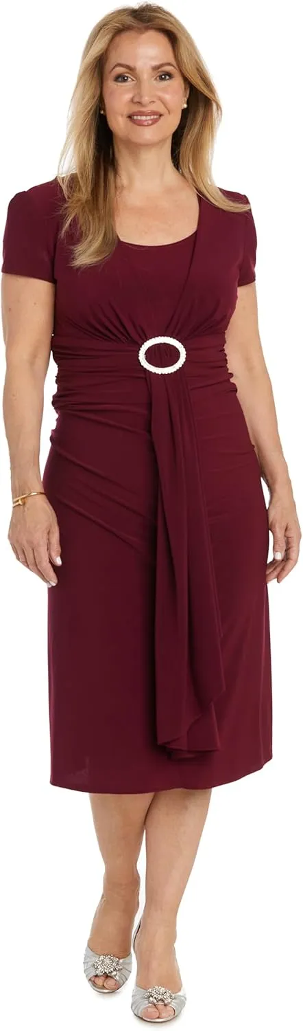 Elegant Cascade Wrap Midi Dress W/Rhinestone Buckle & Short Sleeves