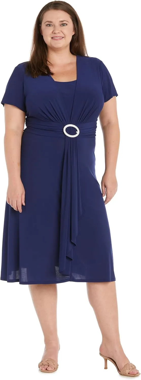 Elegant Cascade Wrap Midi Dress W/Rhinestone Buckle & Short Sleeves