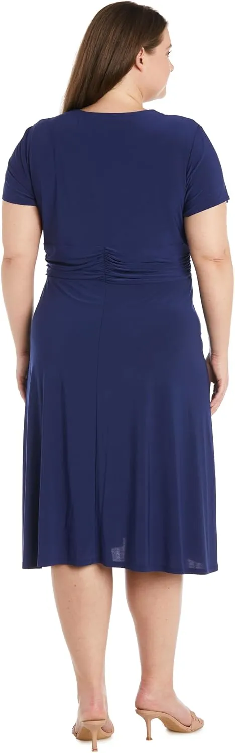 Elegant Cascade Wrap Midi Dress W/Rhinestone Buckle & Short Sleeves
