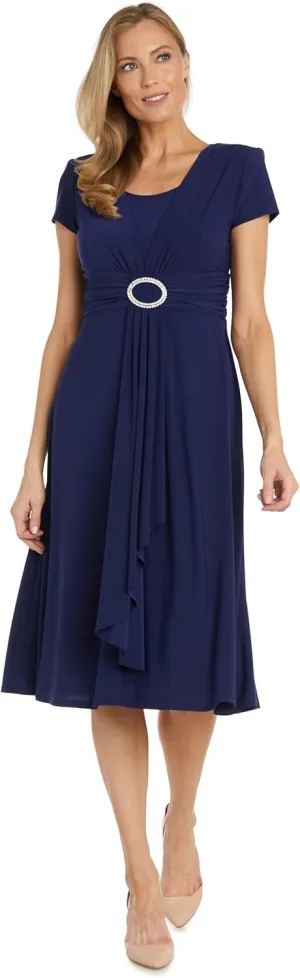 Elegant Cascade Wrap Midi Dress W/Rhinestone Buckle & Short Sleeves
