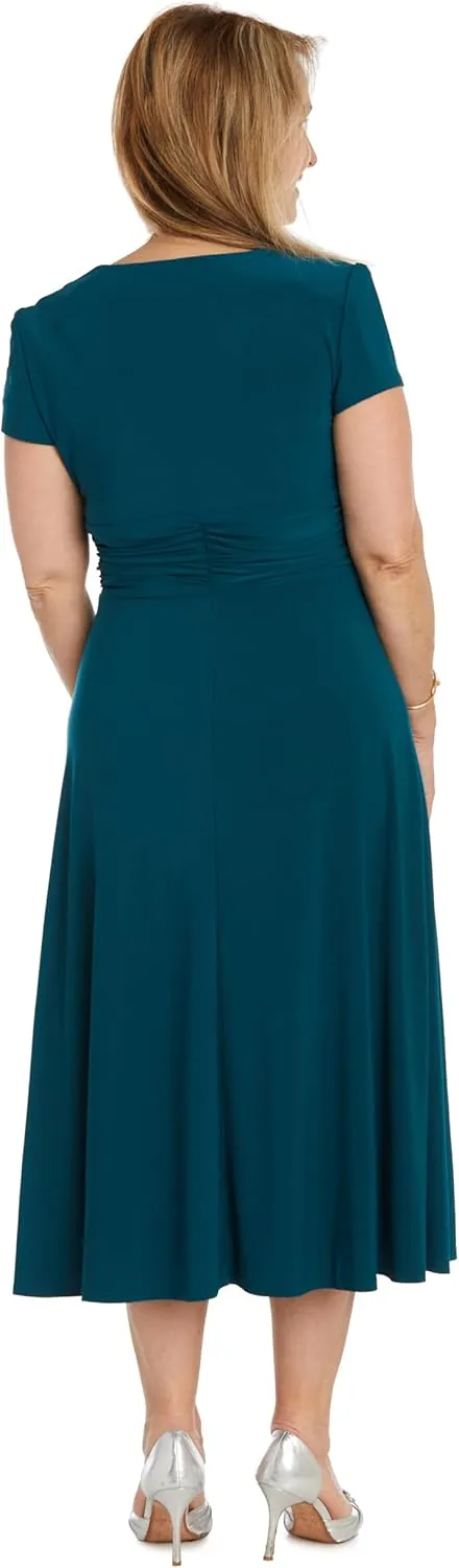 Elegant Cascade Wrap Midi Dress W/Rhinestone Buckle & Short Sleeves