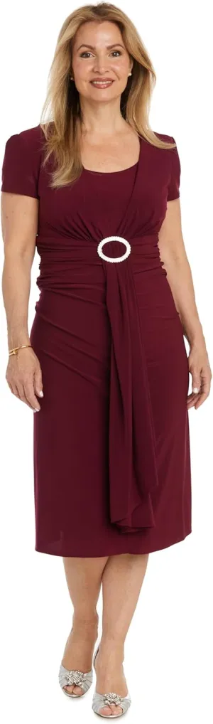 Elegant Cascade Wrap Midi Dress W/Rhinestone Buckle & Short Sleeves