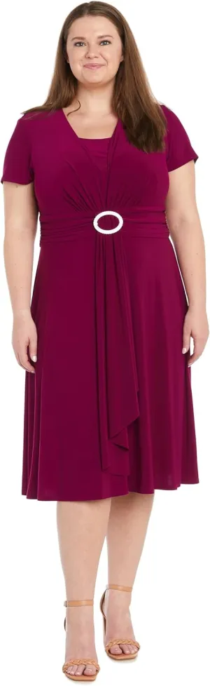 Elegant Cascade Wrap Midi Dress W/Rhinestone Buckle & Short Sleeves