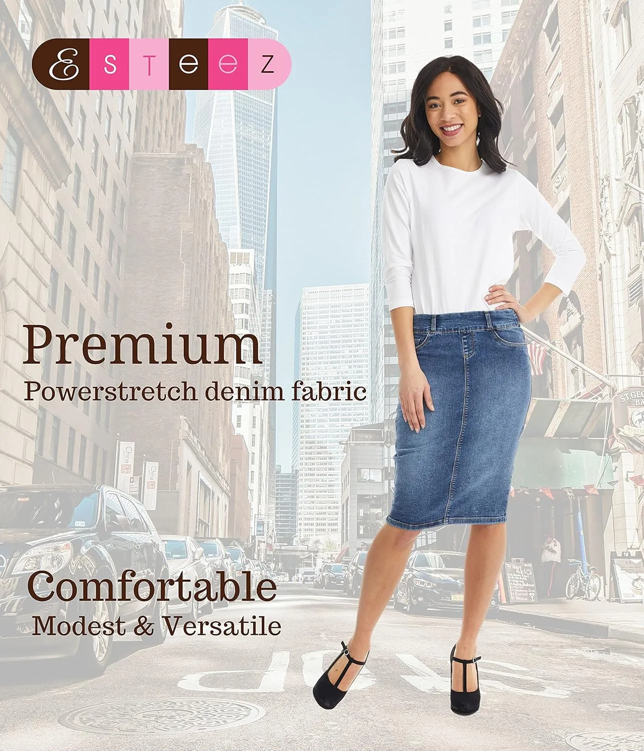 ESTEEZ Women's Stretch Denim Pencil Skirt – Soft, Flexible, Body-Hugging, Knee-Length Jean Skirt ‘Brooklyn’