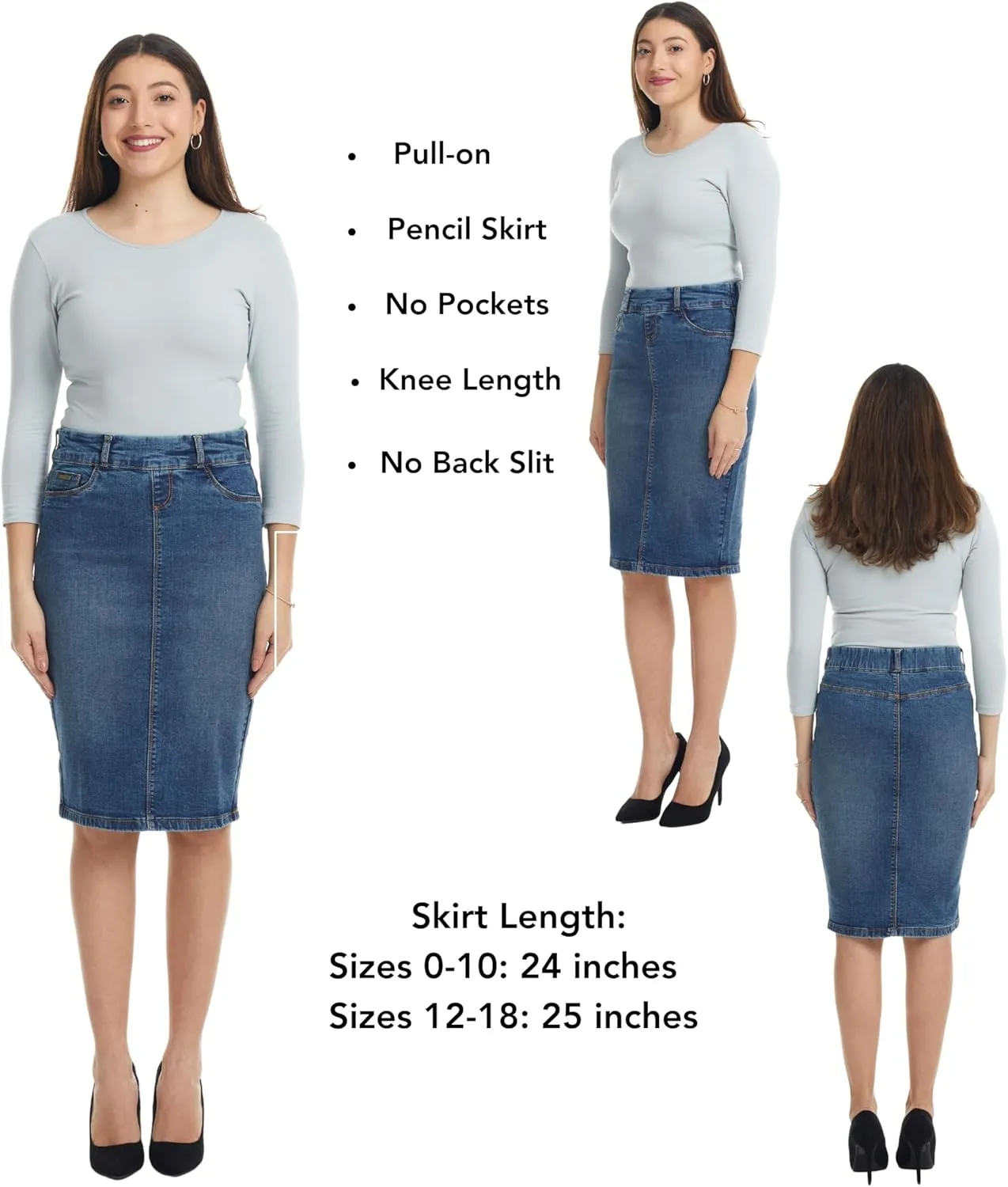 ESTEEZ Women's Stretch Denim Pencil Skirt – Soft, Flexible, Body-Hugging, Knee-Length Jean Skirt ‘Brooklyn’