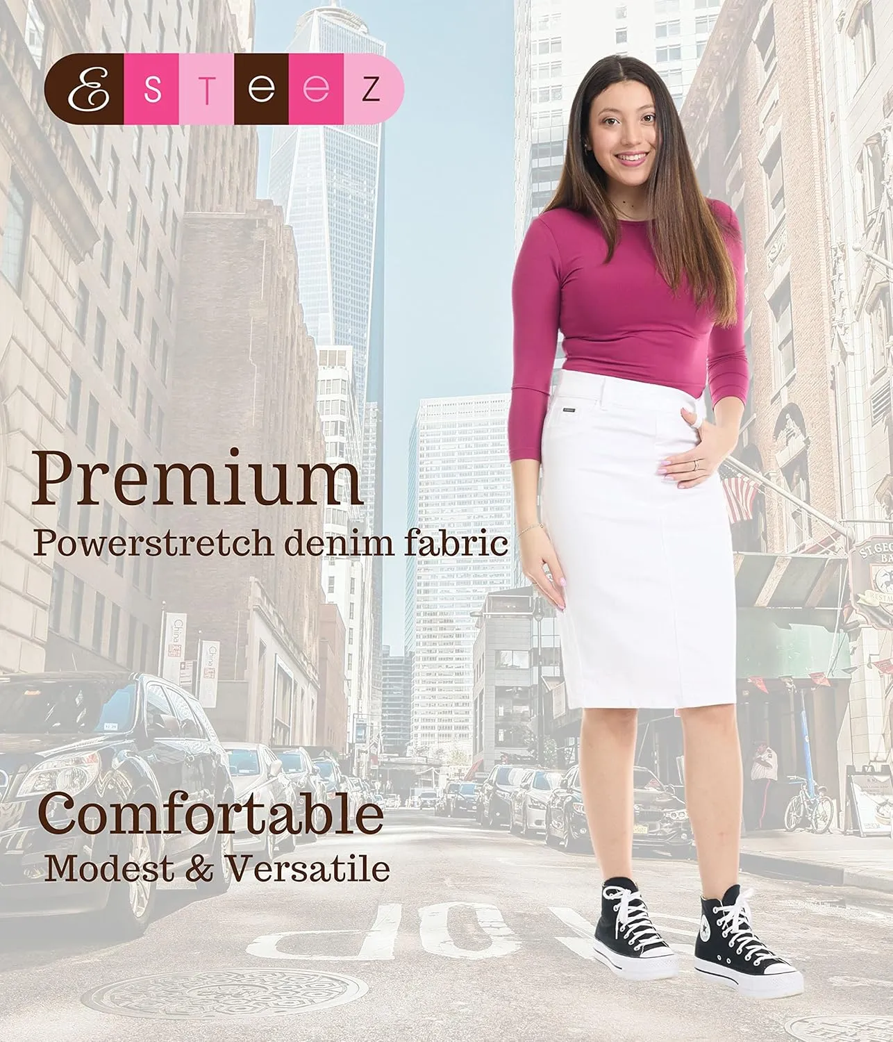ESTEEZ Women's Stretch Denim Pencil Skirt – Soft, Flexible, Body-Hugging, Knee-Length Jean Skirt ‘Brooklyn’