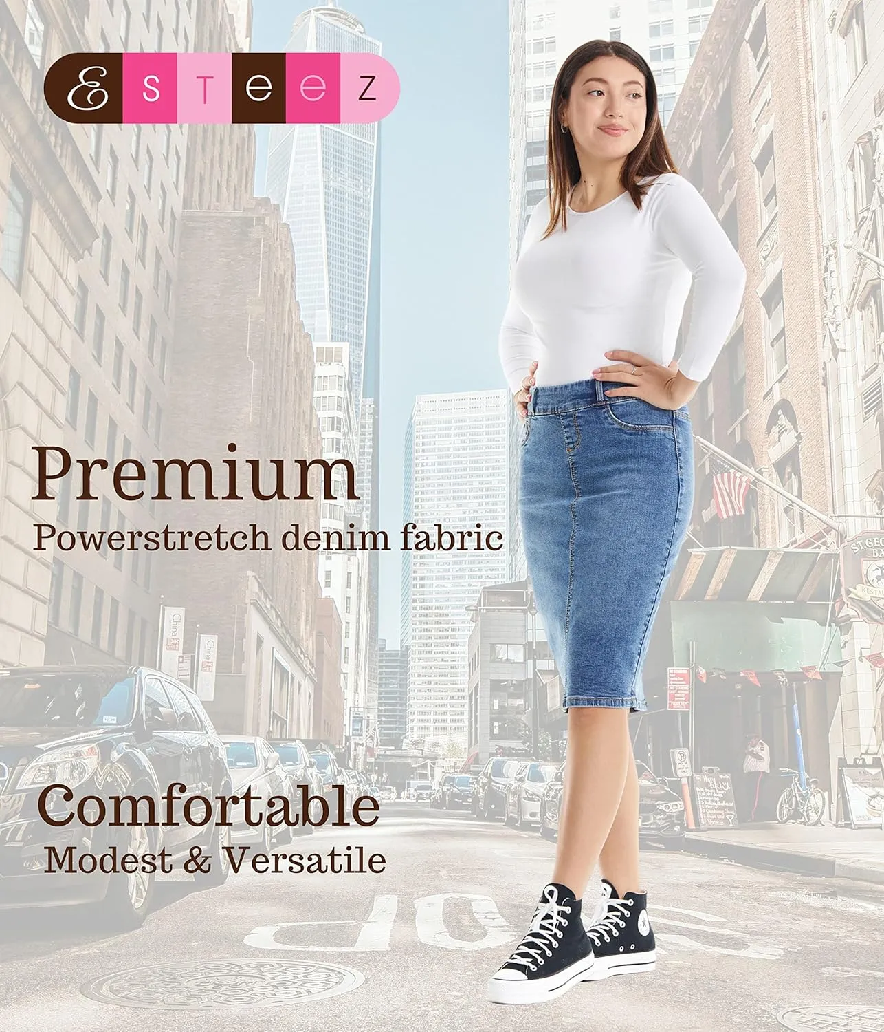 ESTEEZ Women's Stretch Denim Pencil Skirt – Soft, Flexible, Body-Hugging, Knee-Length Jean Skirt ‘Brooklyn’