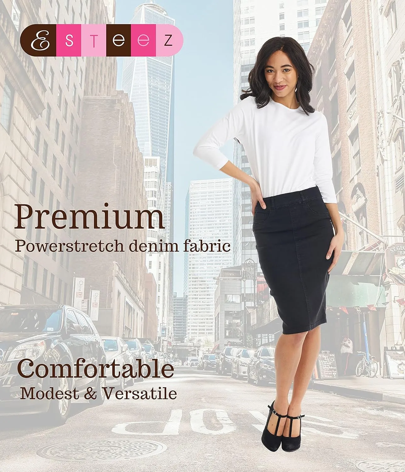 ESTEEZ Women's Stretch Denim Pencil Skirt – Soft, Flexible, Body-Hugging, Knee-Length Jean Skirt ‘Brooklyn’