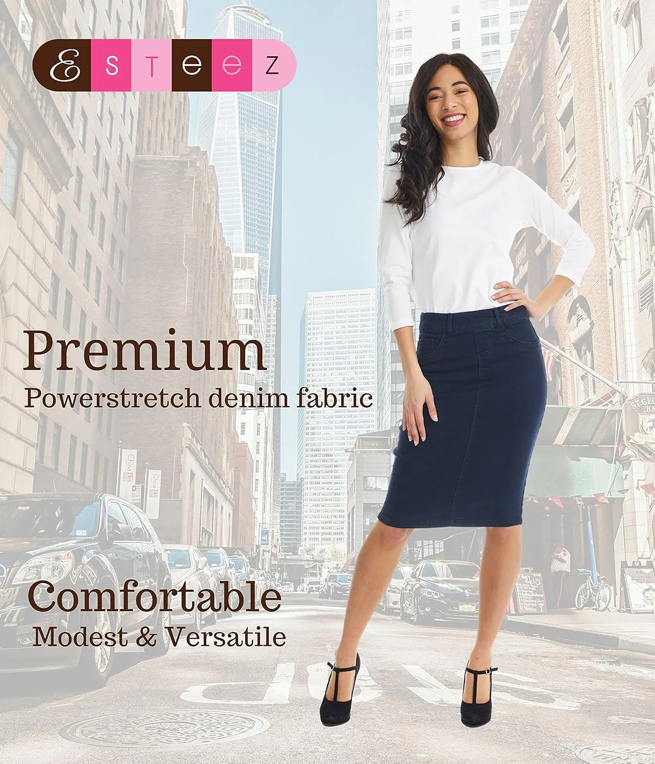 ESTEEZ Women's Stretch Denim Pencil Skirt – Soft, Flexible, Body-Hugging, Knee-Length Jean Skirt ‘Brooklyn’