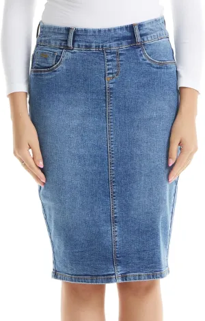 ESTEEZ Women's Stretch Denim Pencil Skirt – Soft, Flexible, Body-Hugging, Knee-Length Jean Skirt ‘Brooklyn’