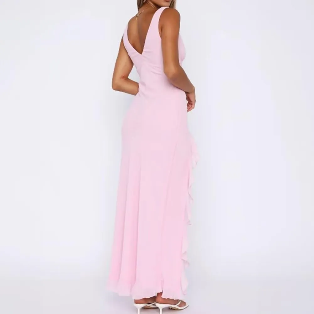 Fashion Women's Sexy Dress V-Neck Backless y2k Maxi Dress Side High Split Ruffle Dress Sleeveless Mesh Dress