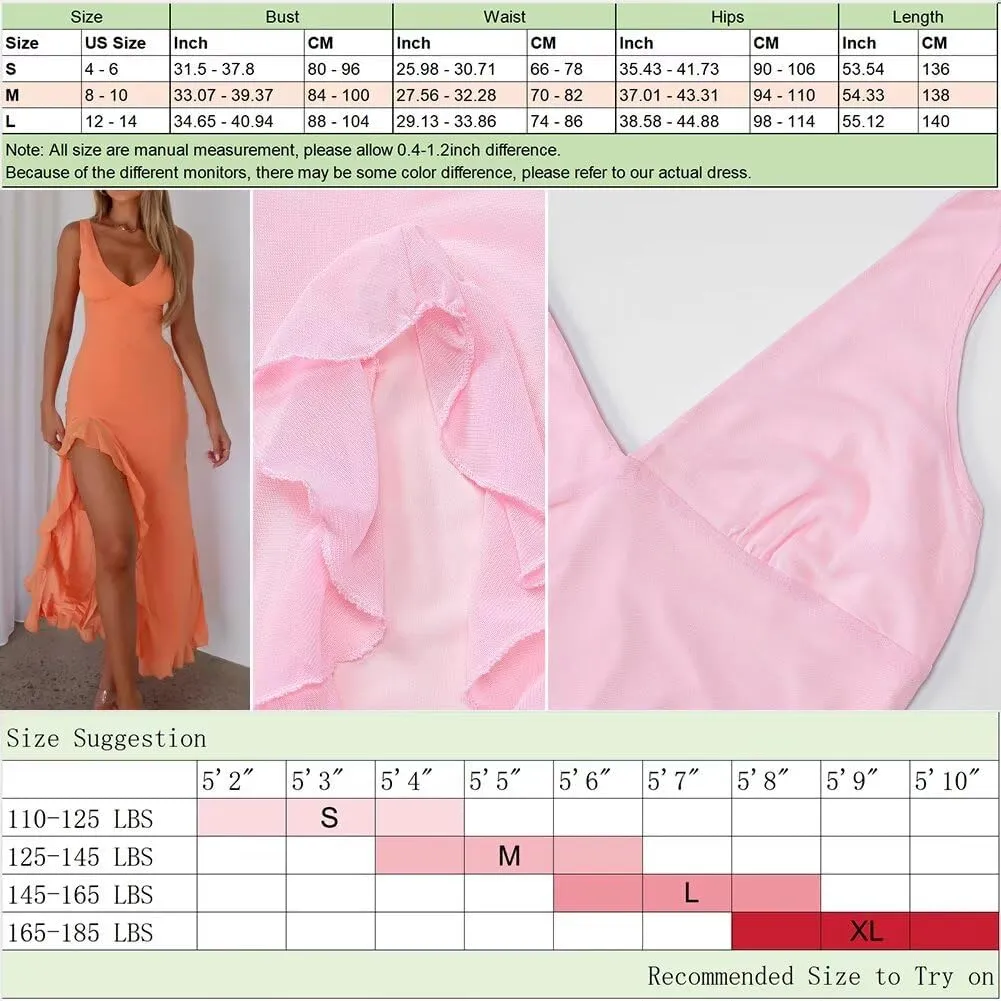 Fashion Women's Sexy Dress V-Neck Backless y2k Maxi Dress Side High Split Ruffle Dress Sleeveless Mesh Dress