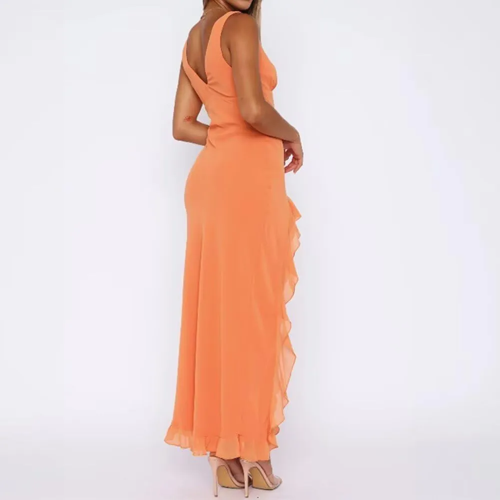 Fashion Women's Sexy Dress V-Neck Backless y2k Maxi Dress Side High Split Ruffle Dress Sleeveless Mesh Dress