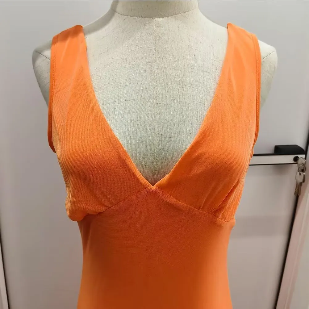 Fashion Women's Sexy Dress V-Neck Backless y2k Maxi Dress Side High Split Ruffle Dress Sleeveless Mesh Dress