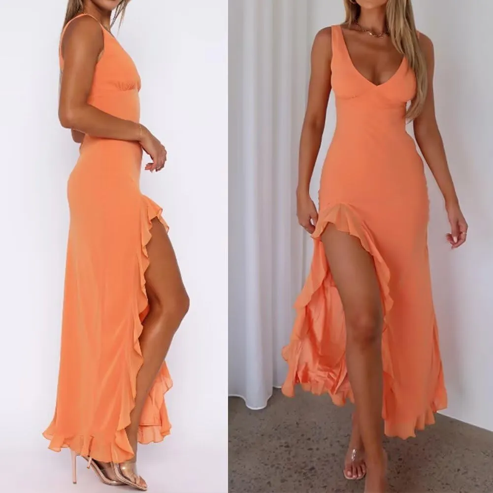Fashion Women's Sexy Dress V-Neck Backless y2k Maxi Dress Side High Split Ruffle Dress Sleeveless Mesh Dress