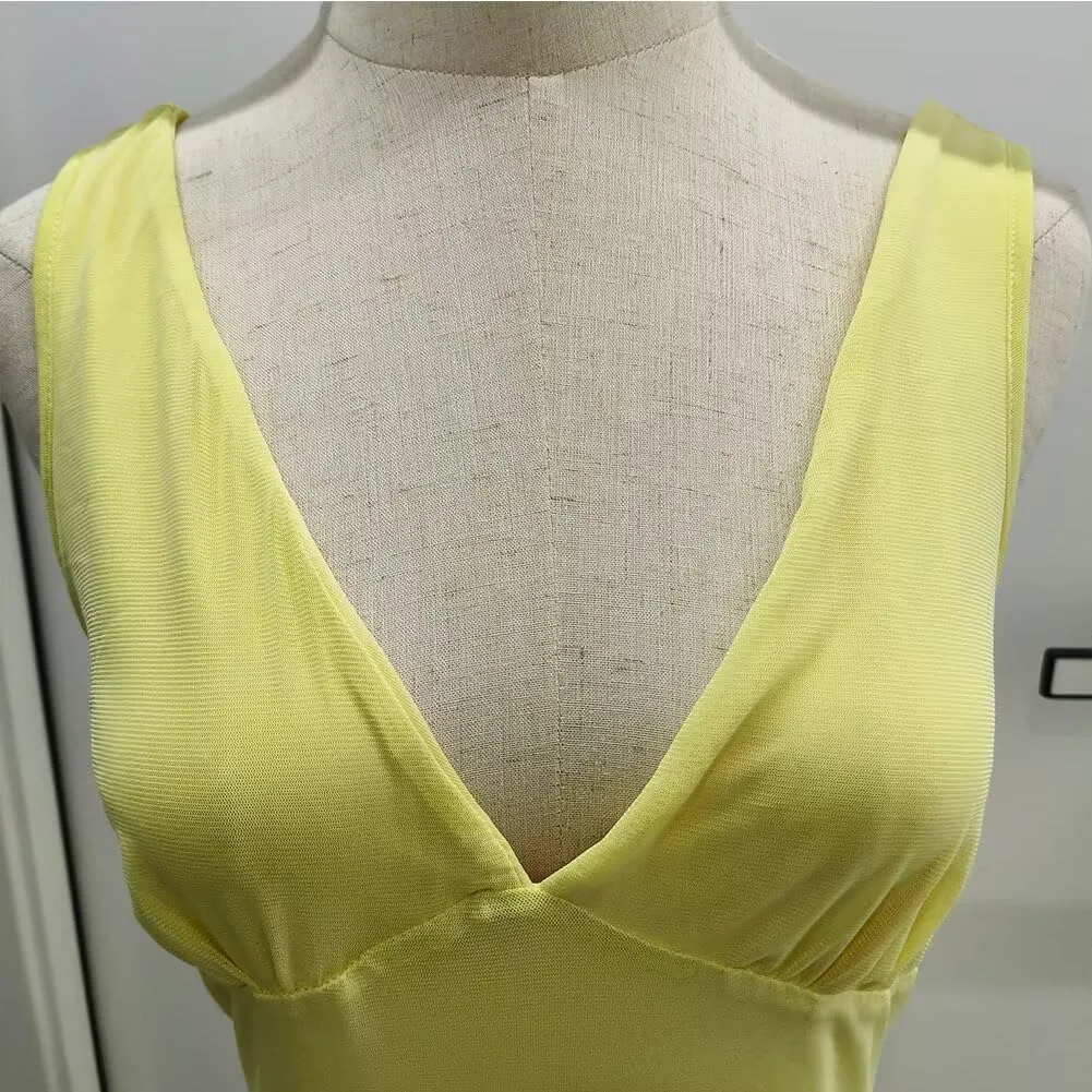 Fashion Women's Sexy Dress V-Neck Backless y2k Maxi Dress Side High Split Ruffle Dress Sleeveless Mesh Dress
