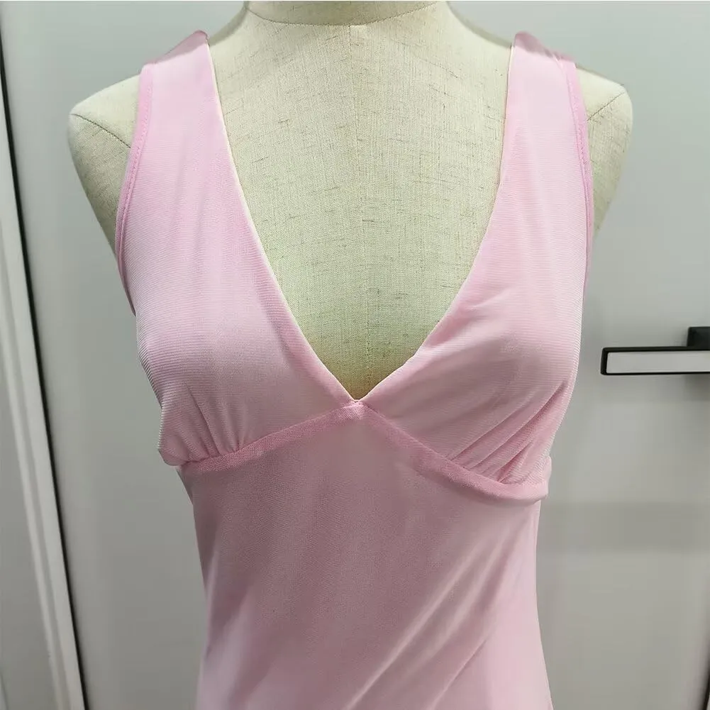 Fashion Women's Sexy Dress V-Neck Backless y2k Maxi Dress Side High Split Ruffle Dress Sleeveless Mesh Dress