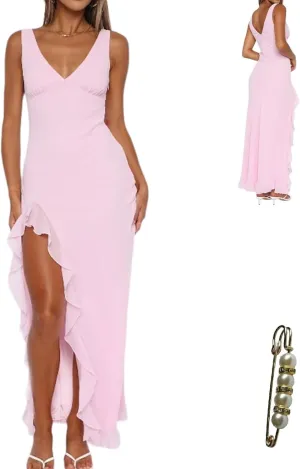 Fashion Women's Sexy Dress V-Neck Backless y2k Maxi Dress Side High Split Ruffle Dress Sleeveless Mesh Dress