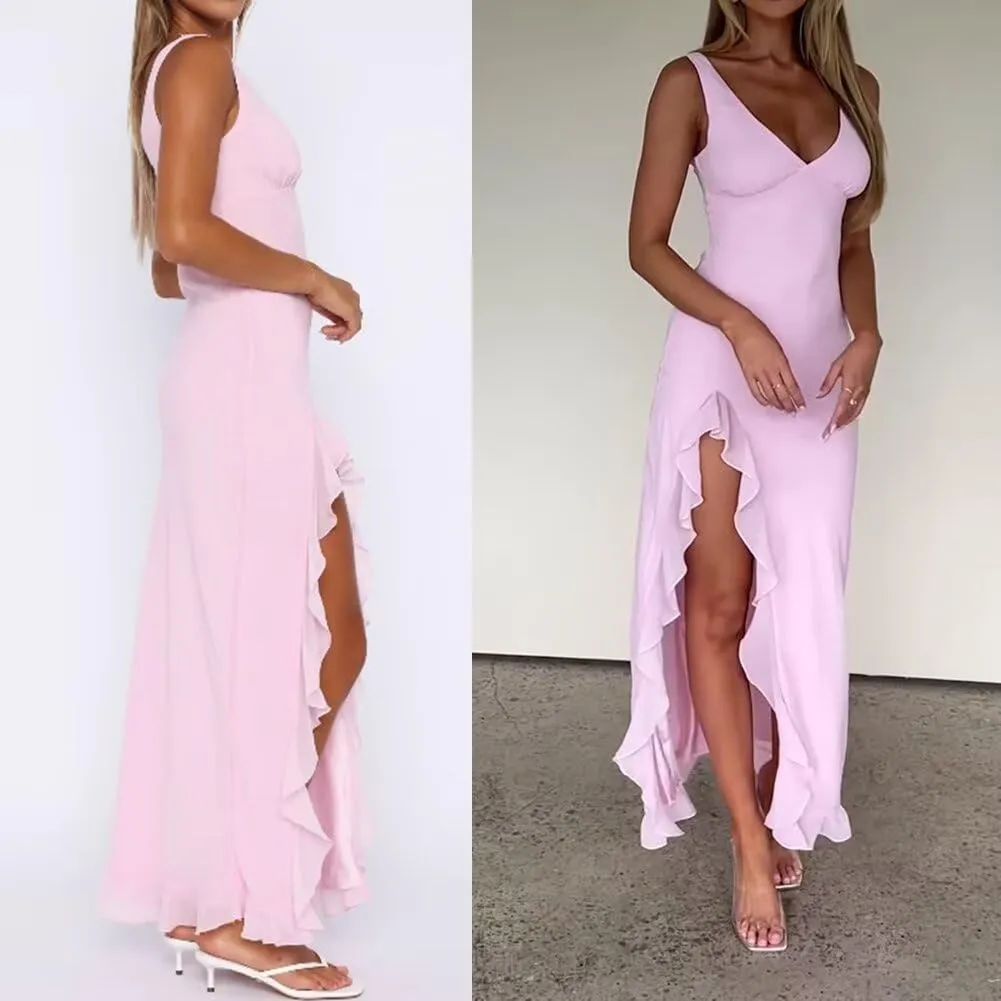 Fashion Women's Sexy Dress V-Neck Backless y2k Maxi Dress Side High Split Ruffle Dress Sleeveless Mesh Dress