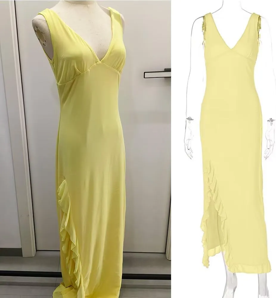 Fashion Women's Sexy Dress V-Neck Backless y2k Maxi Dress Side High Split Ruffle Dress Sleeveless Mesh Dress