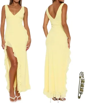 Fashion Women's Sexy Dress V-Neck Backless y2k Maxi Dress Side High Split Ruffle Dress Sleeveless Mesh Dress