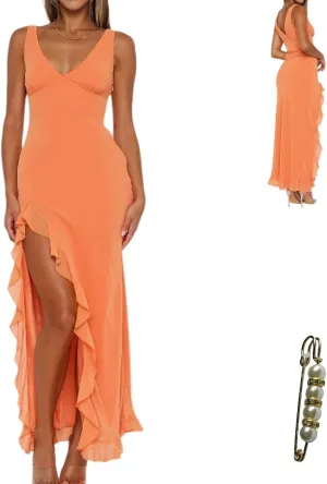 Fashion Women's Sexy Dress V-Neck Backless y2k Maxi Dress Side High Split Ruffle Dress Sleeveless Mesh Dress