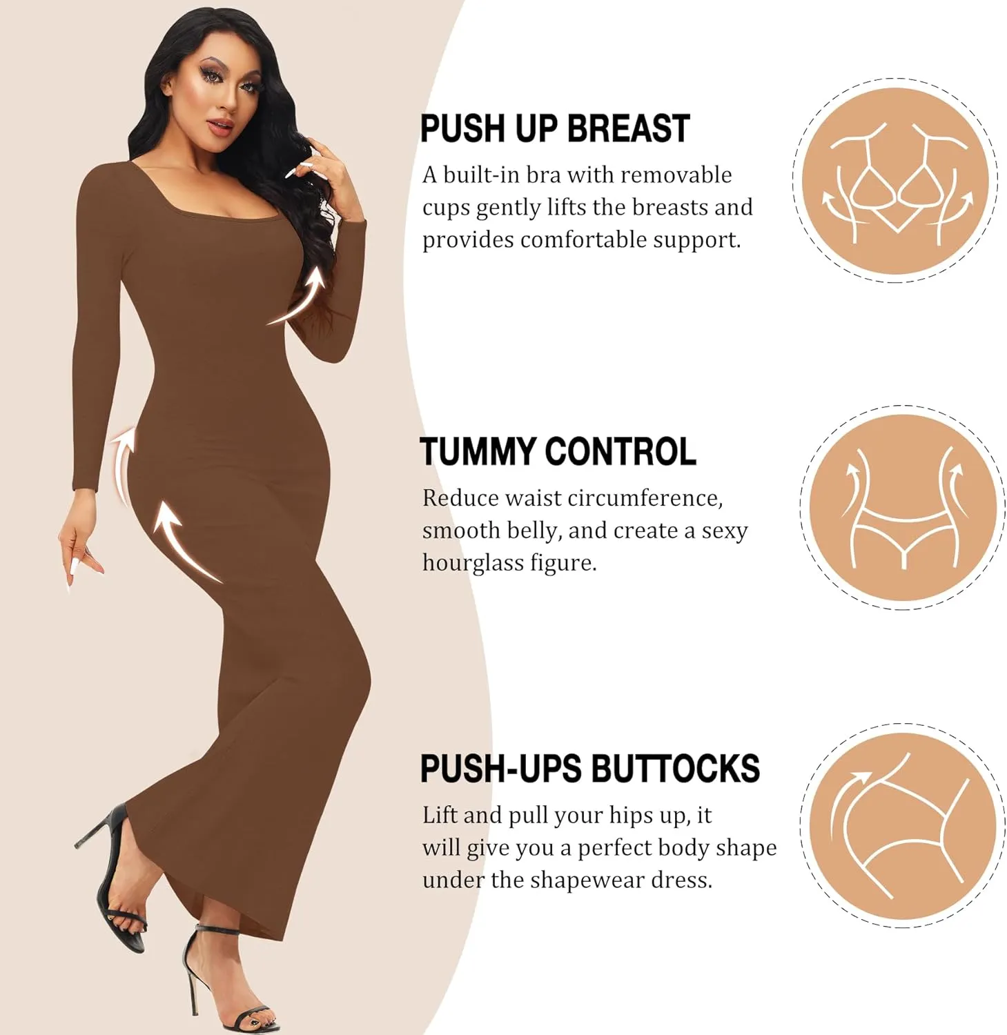 Fengbay Shapewear Dress for Women Bodycon Dress with Built in Shapewear Shaper Dress Square Neck Lounge Long Dress