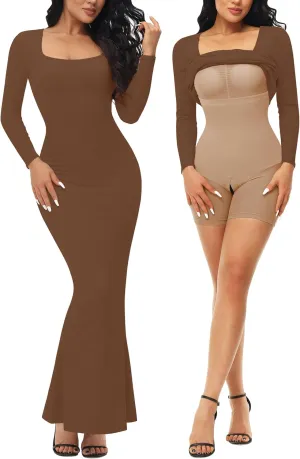 Fengbay Shapewear Dress for Women Bodycon Dress with Built in Shapewear Shaper Dress Square Neck Lounge Long Dress