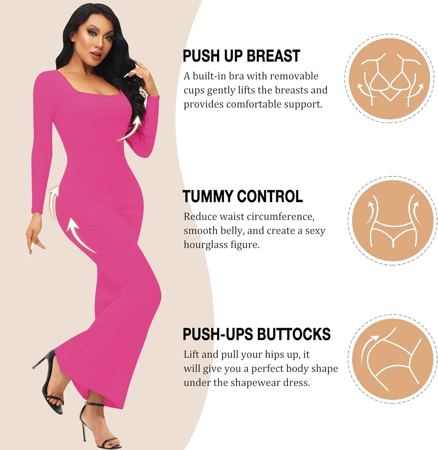 Fengbay Shapewear Dress for Women Bodycon Dress with Built in Shapewear Shaper Dress Square Neck Lounge Long Dress