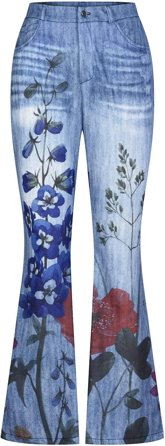 Flare Jeans for Women Fashion Print Bell Bottom Jeans Loose High Waisted Wide Leg Denim Jeans with Pockets