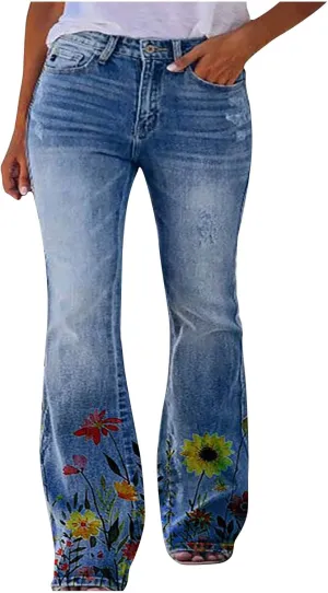 Flare Jeans for Women Fashion Print Bell Bottom Jeans Loose High Waisted Wide Leg Denim Jeans with Pockets
