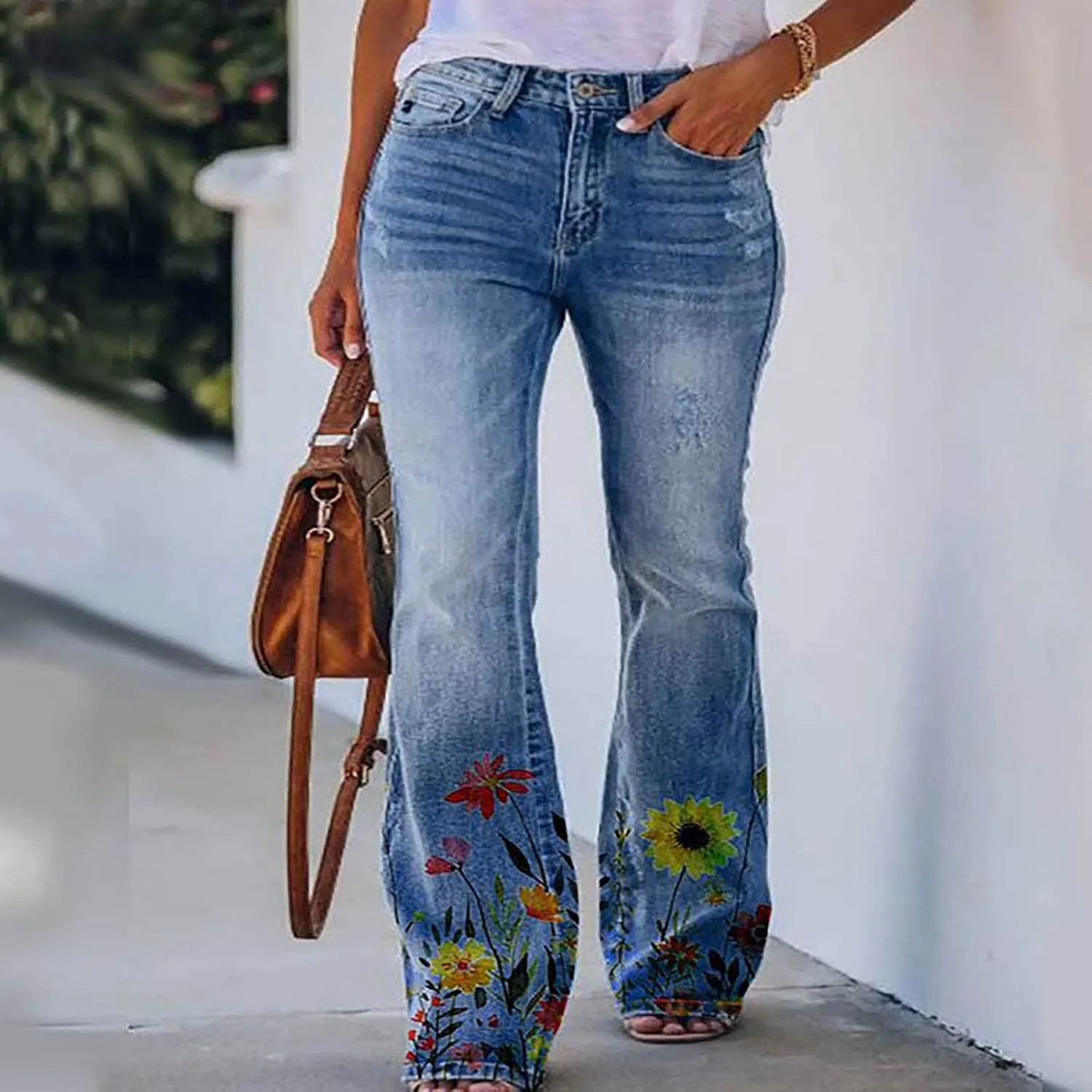 Flare Jeans for Women Fashion Print Bell Bottom Jeans Loose High Waisted Wide Leg Denim Jeans with Pockets
