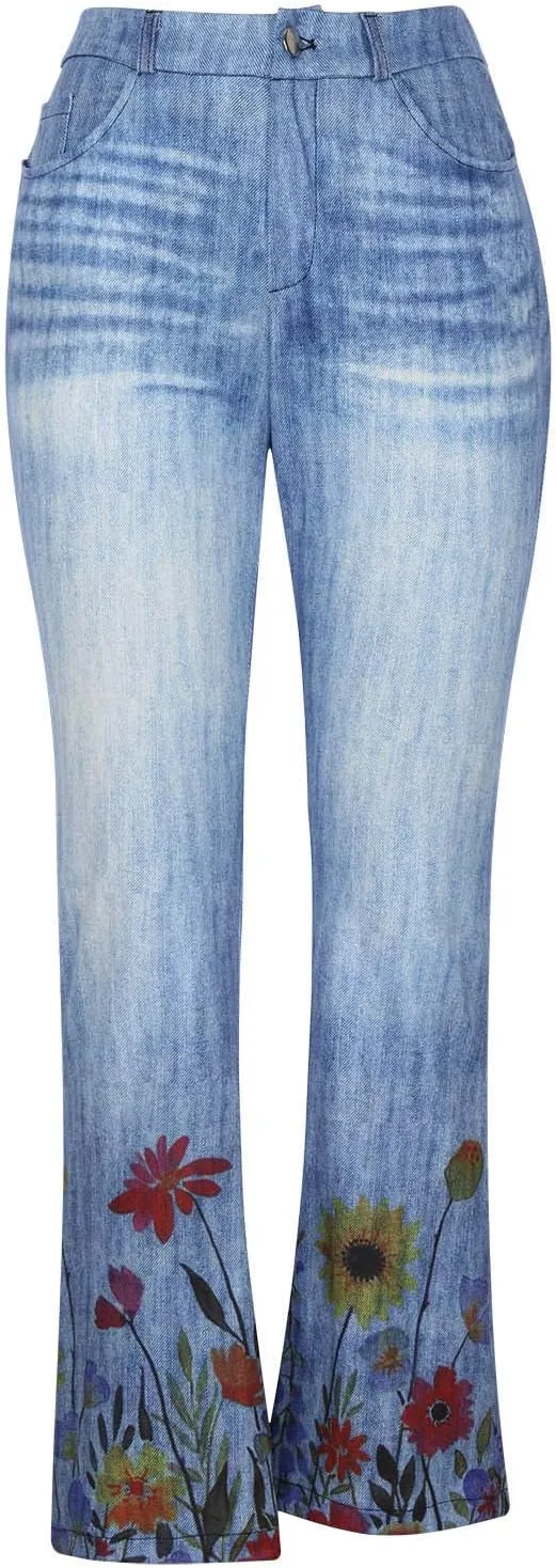 Flare Jeans for Women Fashion Print Bell Bottom Jeans Loose High Waisted Wide Leg Denim Jeans with Pockets