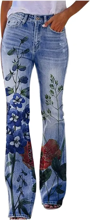 Flare Jeans for Women Fashion Print Bell Bottom Jeans Loose High Waisted Wide Leg Denim Jeans with Pockets