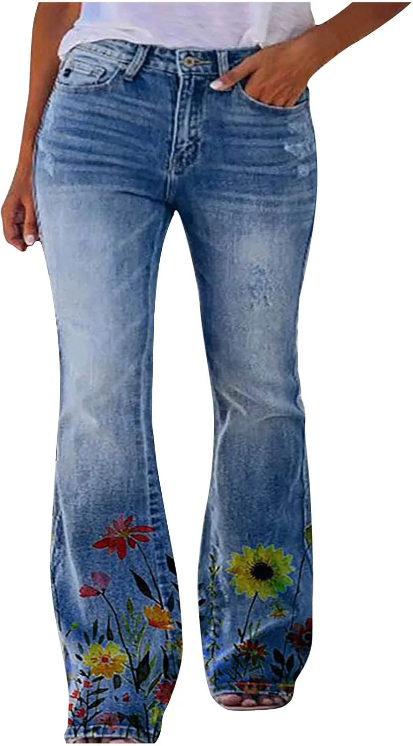 Flare Jeans for Women Fashion Print Bell Bottom Jeans Loose High Waisted Wide Leg Denim Jeans with Pockets