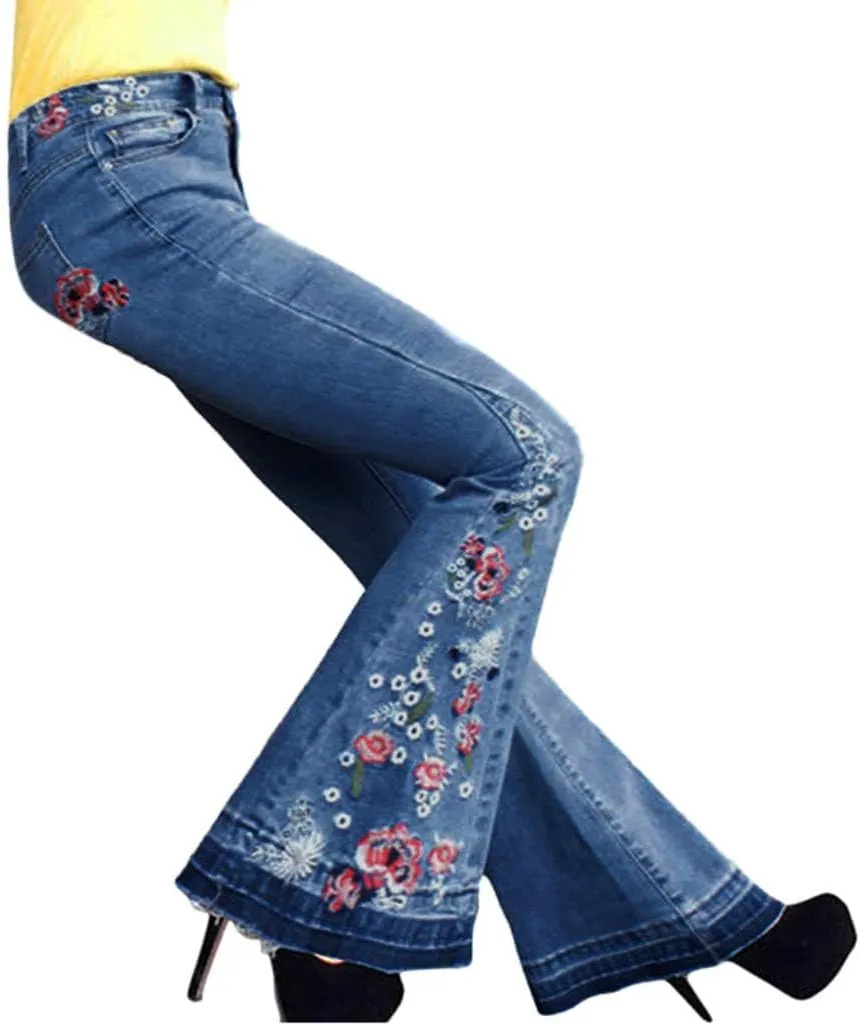 Flared Jeans for Women High Waisted Bell Bottom Jeans 70s Retro Jeans Lightweight Denim Pants Embroidered Bootcut Jeans