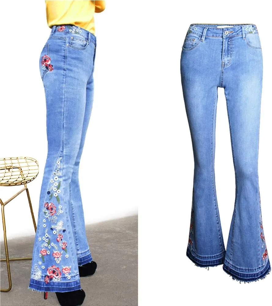 Flared Jeans for Women High Waisted Bell Bottom Jeans 70s Retro Jeans Lightweight Denim Pants Embroidered Bootcut Jeans