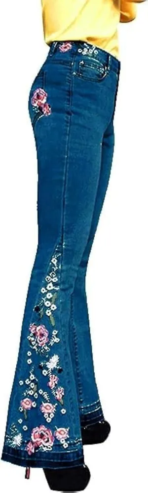 Flared Jeans for Women High Waisted Bell Bottom Jeans 70s Retro Jeans Lightweight Denim Pants Embroidered Bootcut Jeans