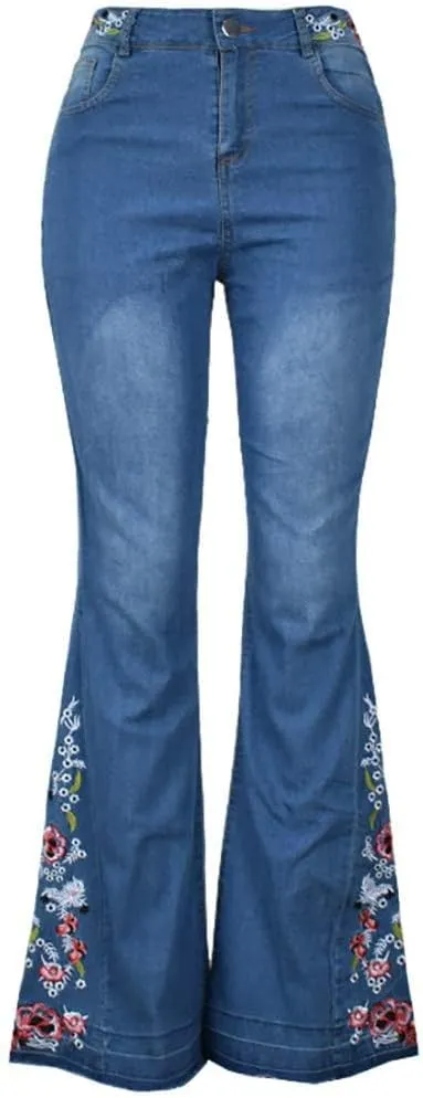 Flared Jeans for Women High Waisted Bell Bottom Jeans 70s Retro Jeans Lightweight Denim Pants Embroidered Bootcut Jeans