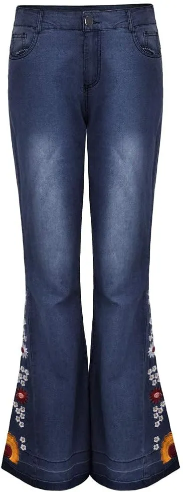 Flared Jeans for Women High Waisted Bell Bottom Jeans 70s Retro Jeans Lightweight Denim Pants Embroidered Bootcut Jeans
