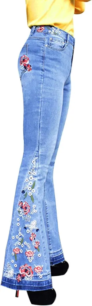 Flared Jeans for Women High Waisted Bell Bottom Jeans 70s Retro Jeans Lightweight Denim Pants Embroidered Bootcut Jeans