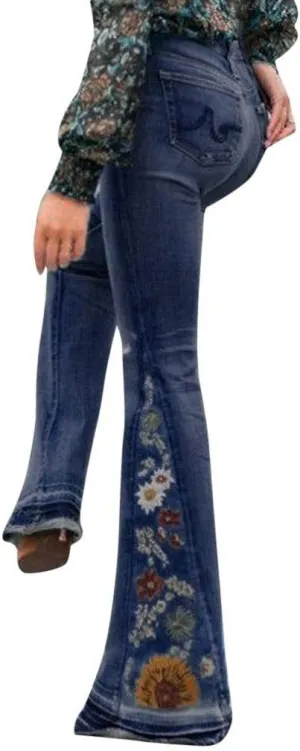 Flared Jeans for Women High Waisted Bell Bottom Jeans 70s Retro Jeans Lightweight Denim Pants Embroidered Bootcut Jeans