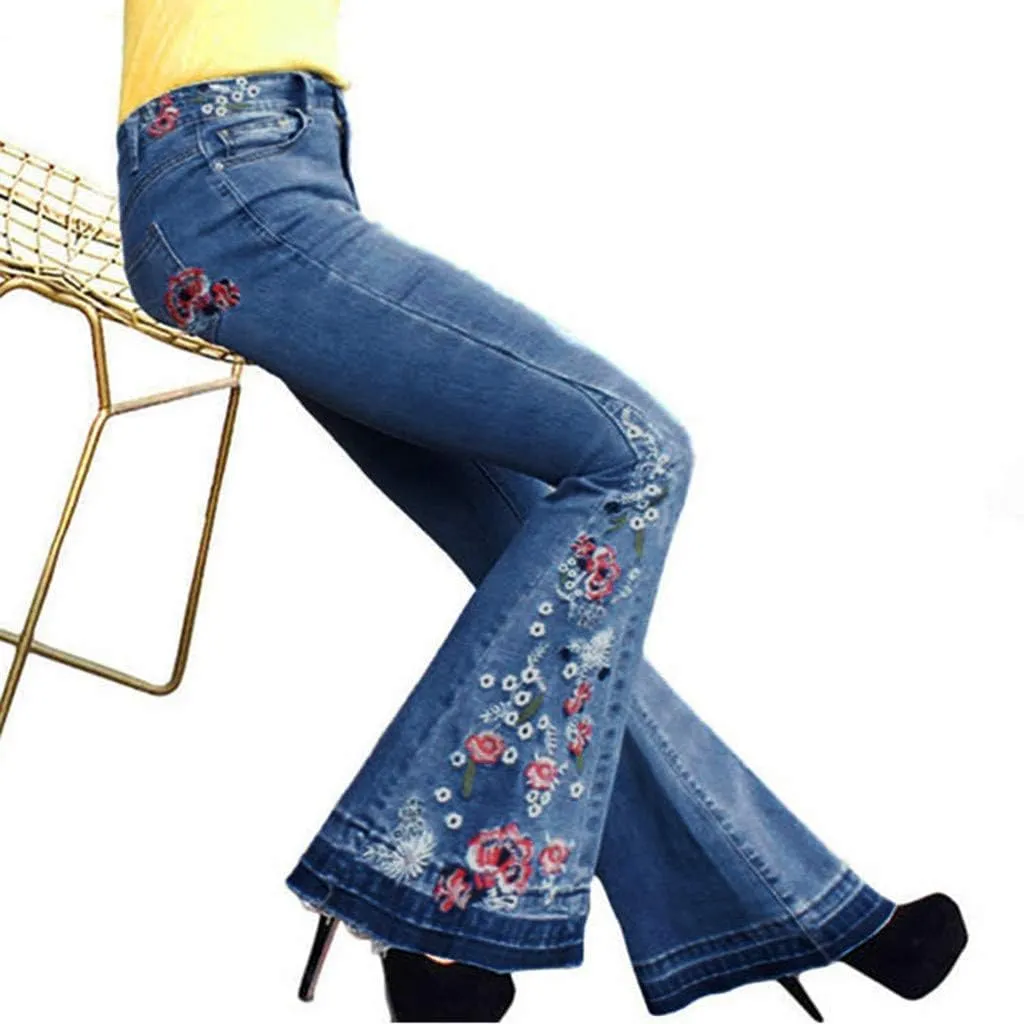 Flared Jeans for Women High Waisted Bell Bottom Jeans 70s Retro Jeans Lightweight Denim Pants Embroidered Bootcut Jeans